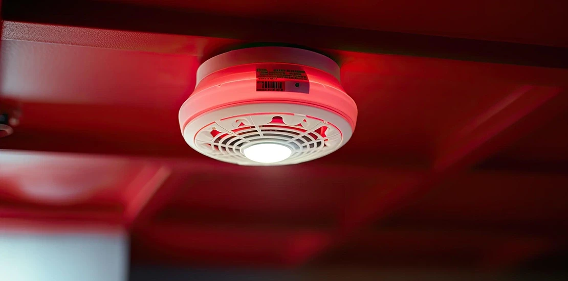 Specialized technician inspecting a fire alarm device during periodic maintenance