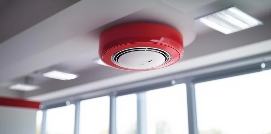 Fire detector mounted on the ceiling of an industrial warehouse in Saudi Arabia