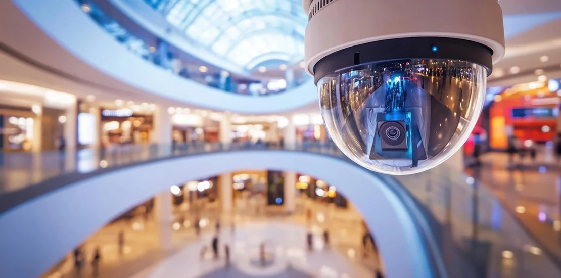 CCTV Dome Camera Monitoring a Mall Atrium CCTV dome camera mounted in a mall atrium overlooking shopper foot traffic