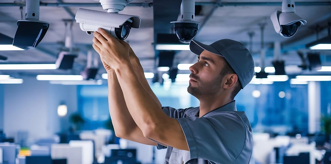 CCTV maintenance company technician inspecting a security camera during a routine visit