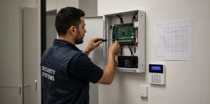 Security systems company Riyadh technician installing an integrated security panel