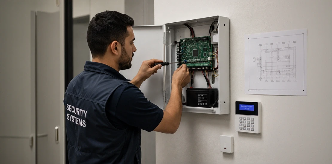 Security systems company Riyadh technician installing an integrated security panel