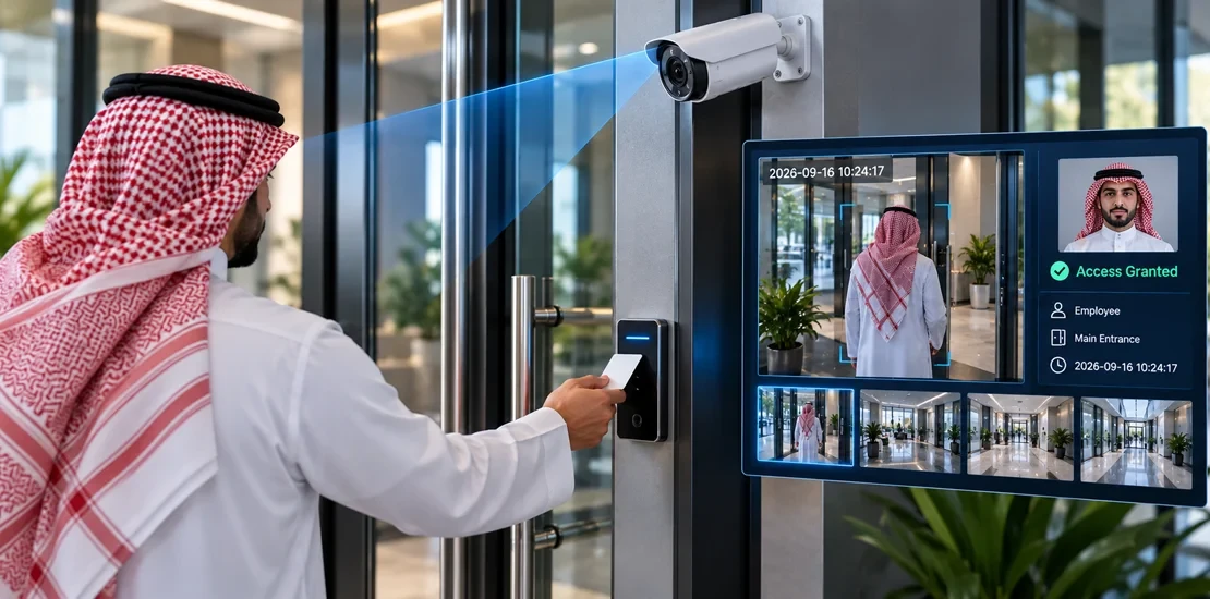 Access Control Door with CCTV Verification Access card used at a CCTV-monitored door, a core function of integrated security systems