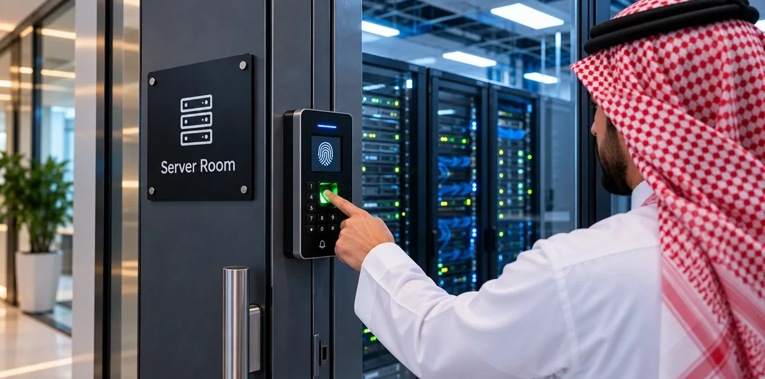 Fingerprint reader of an access control system protecting a server room door in a commercial facility