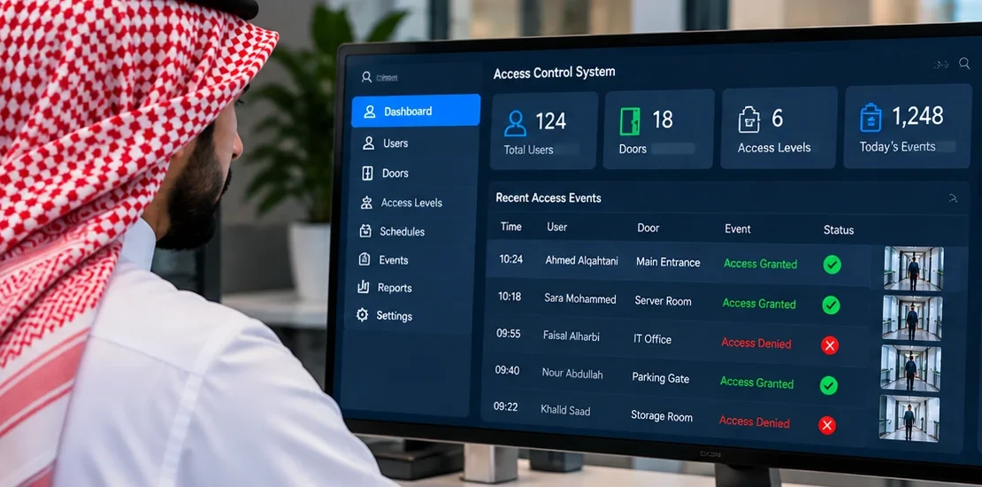 Security administrator reviewing access logs and user permissions in access control system management software