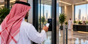 Employee using a card on an access control system reader at the entrance of a commercial office in Saudi Arabia