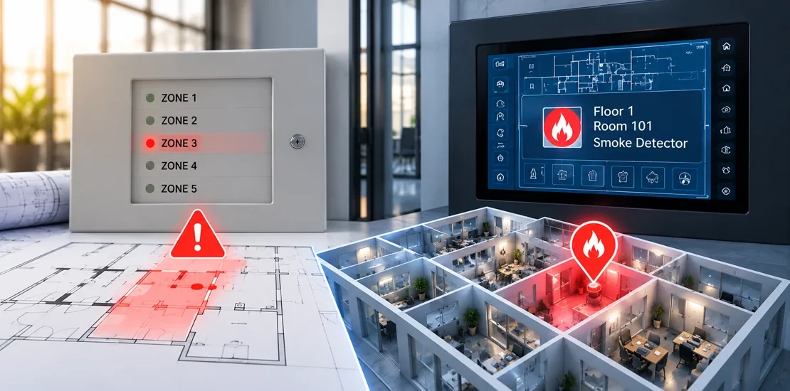 Addressable fire alarm panel screen showing the exact detector location during an alarm