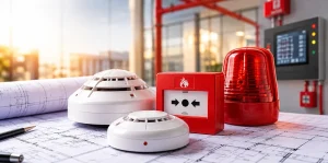 Addressable fire alarm control panel next to a conventional zone panel in a commercial building