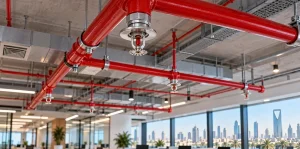 Fire sprinkler system pipes and sprinkler heads installed on the ceiling of a commercial building in Saudi Arabia