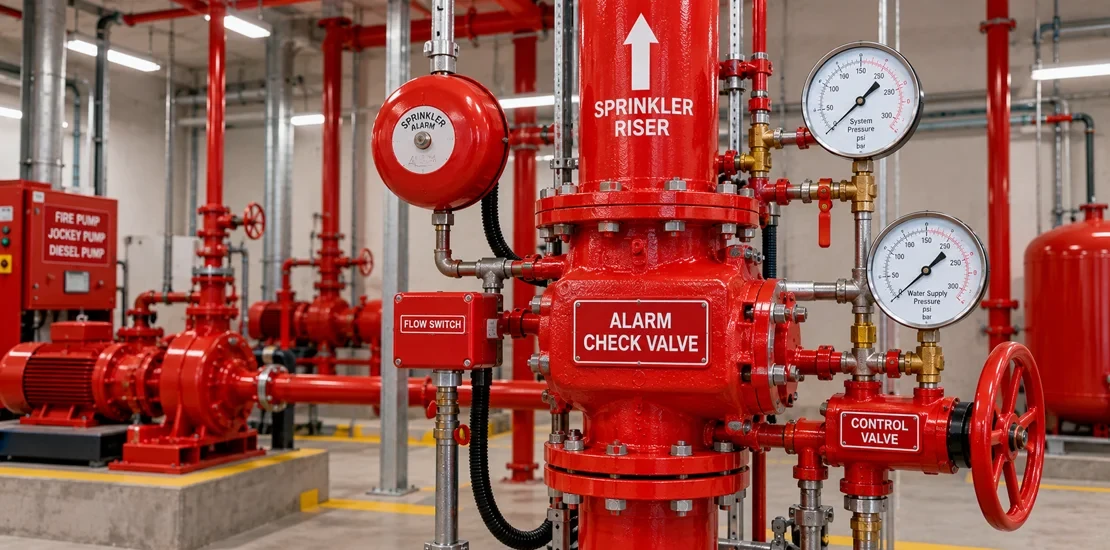 Fire sprinkler system riser with alarm check valve, control valve, and pressure gauges in a pump room