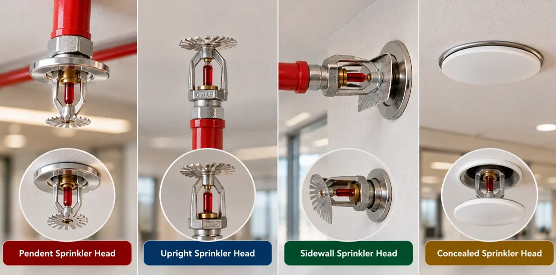 Pendent, upright, sidewall, and concealed sprinkler heads used in a fire sprinkler system
