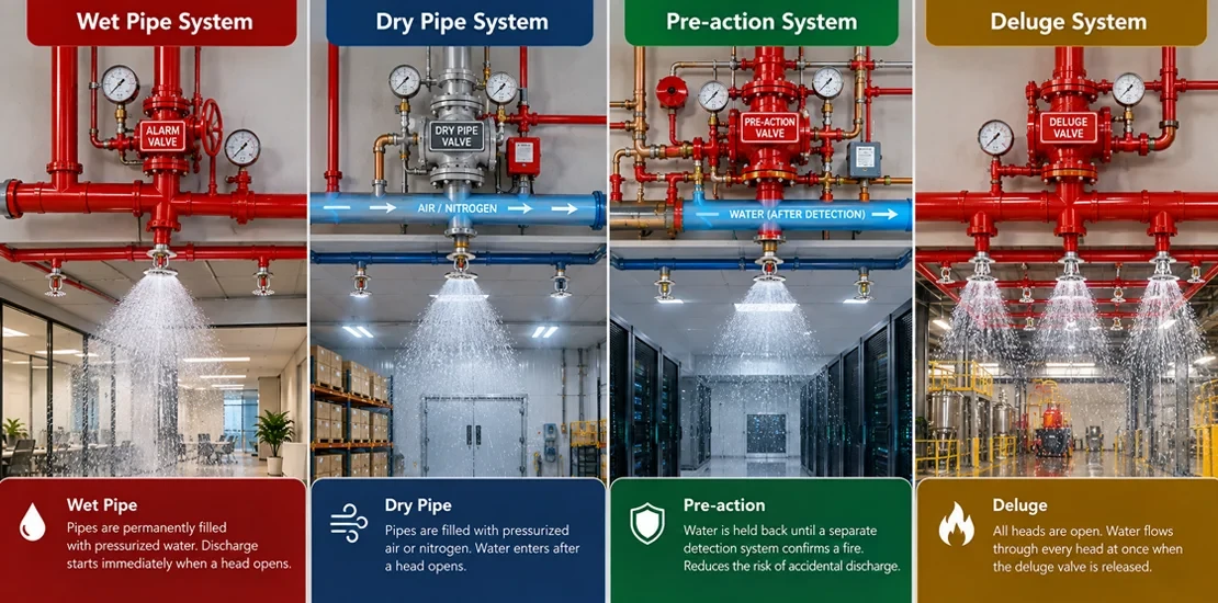 Diagram comparing the four fire sprinkler system types: wet pipe, dry pipe, pre-action, and deluge