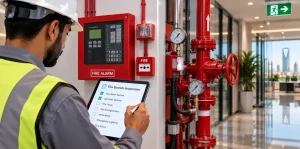Technician completing a fire system inspection checklist on a tablet inside a commercial building in Saudi Arabia