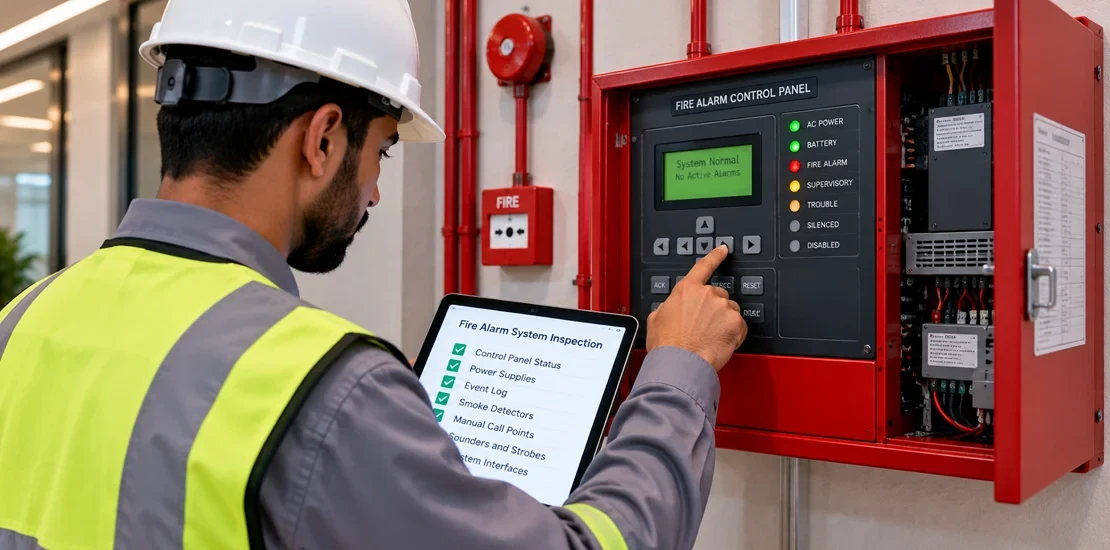 Fire System Inspection Checklist: Fire Alarm Panel Technician checking a fire alarm control panel as part of a fire system inspection checklist