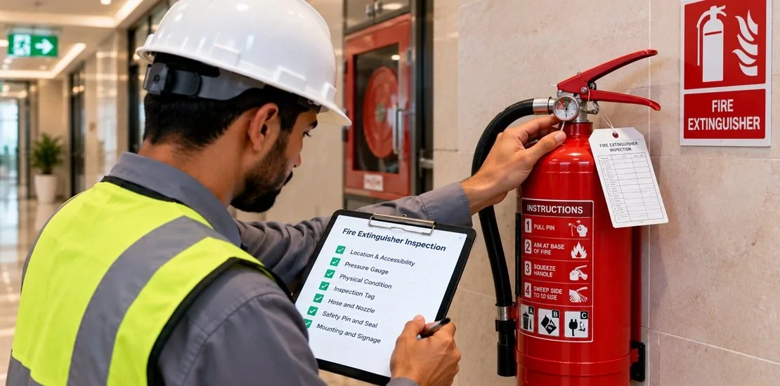 Fire System Inspection Checklist: Fire Extinguisher Check Checking a fire extinguisher pressure gauge and service tag according to a fire system inspection checklist