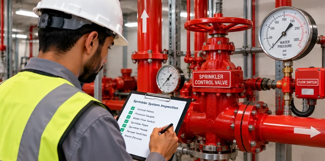 Fire System Inspection Checklist: Sprinkler Control Valve Inspector checking a sprinkler control valve and pressure gauge during a fire system inspection checklist
