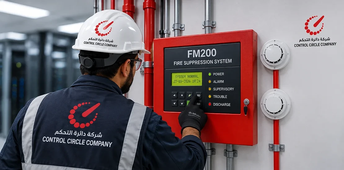 Technician inspecting an FM200 system control panel and linked smoke sensors