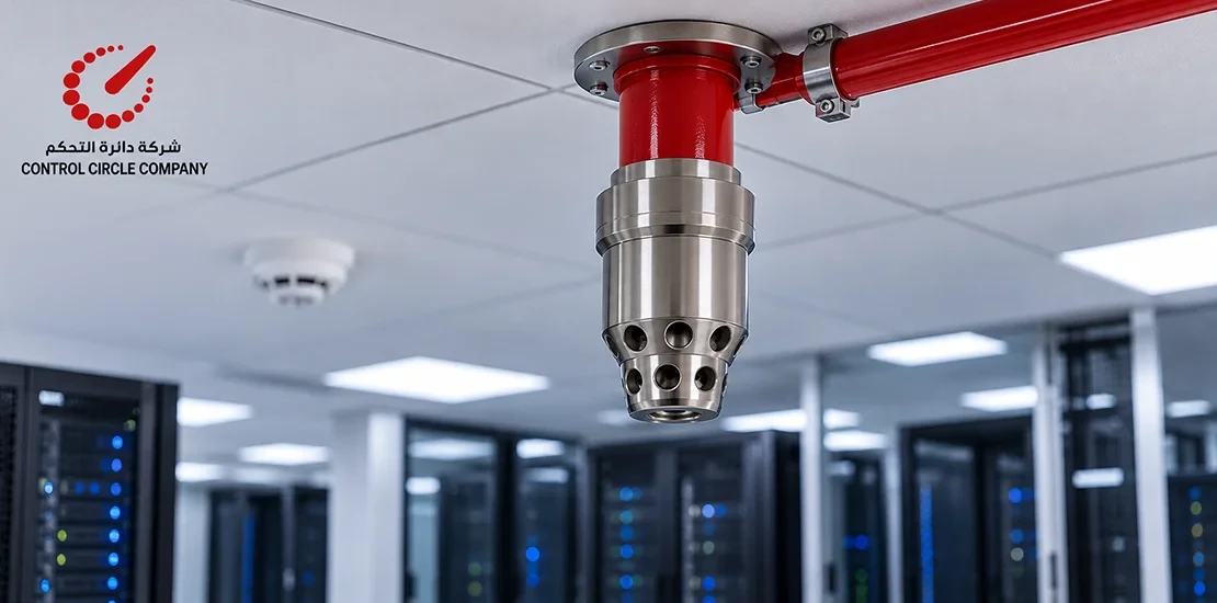 Discharge nozzle for an FM200 suppression system mounted near a ceiling panel