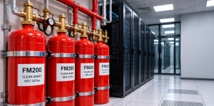FM200 fire suppression system cylinders installed inside a data center server room