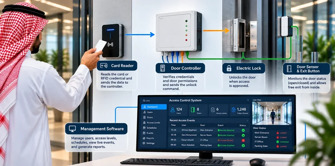 Diagram showing how an access control system works from credential reader to door controller, electric lock, and management software