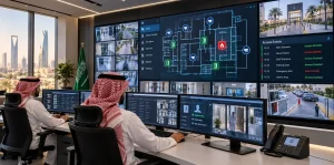 Security operators monitoring CCTV and access control on a unified video wall in a control room in Saudi Arabia