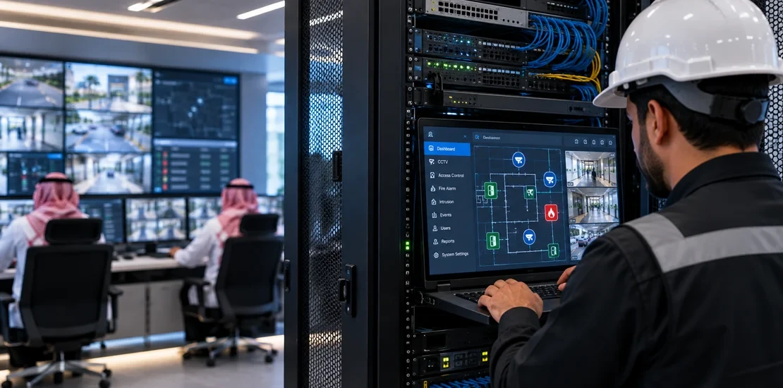 Configuring an Integrated Security Platform Security technician configuring integrated security systems next to a network server rack