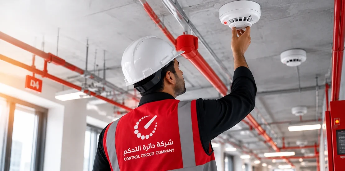 Technician testing a ceiling smoke detector of an addressable fire alarm system in an