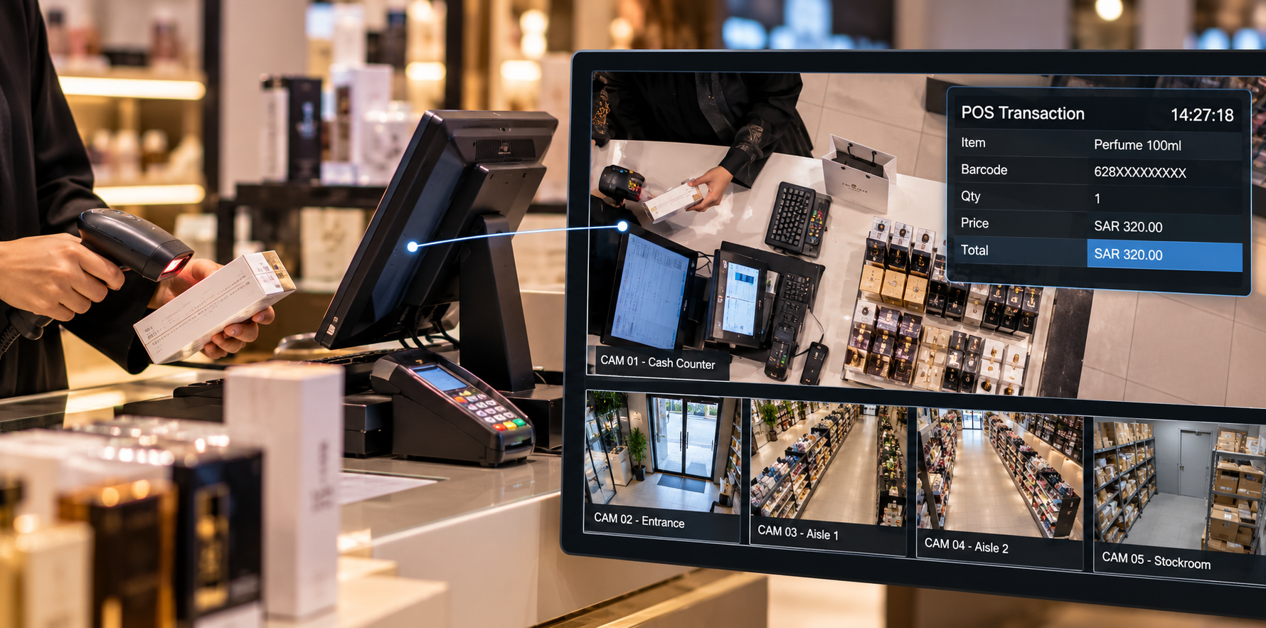 Cash counter video with transaction text overlay, showing POS integration in CCTV for retail stores