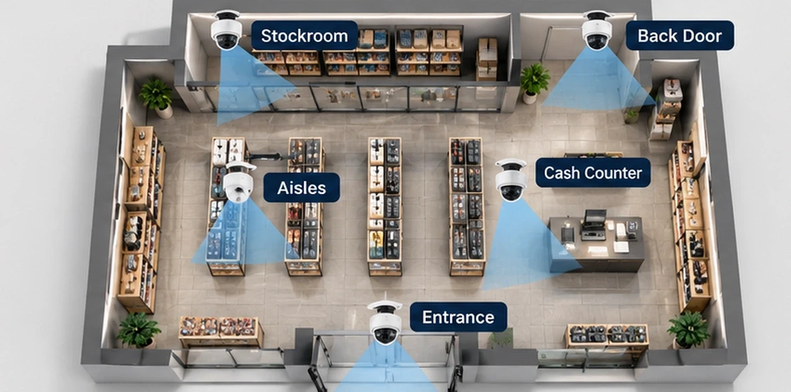 Floor plan showing CCTV for retail stores placement at the entrance, cash counter, aisles, stockroom, and back door