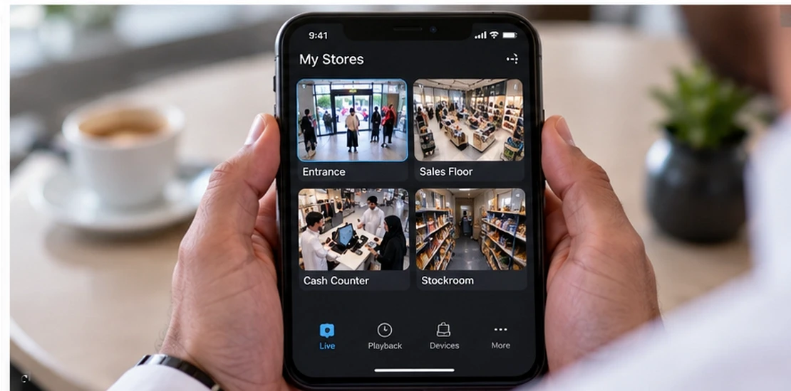 Shop owner viewing CCTV for retail stores on a mobile app with live camera feeds from multiple branches