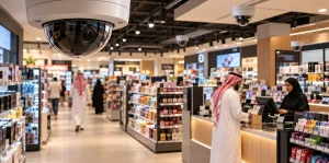 CCTV for retail stores: dome cameras covering the sales floor and cash counter of a shop in Saudi Arabia