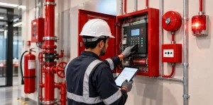Maintenance for Civil Defense Safety License Renewal Technician servicing a fire alarm panel to keep the civil defense safety license valid for renewal