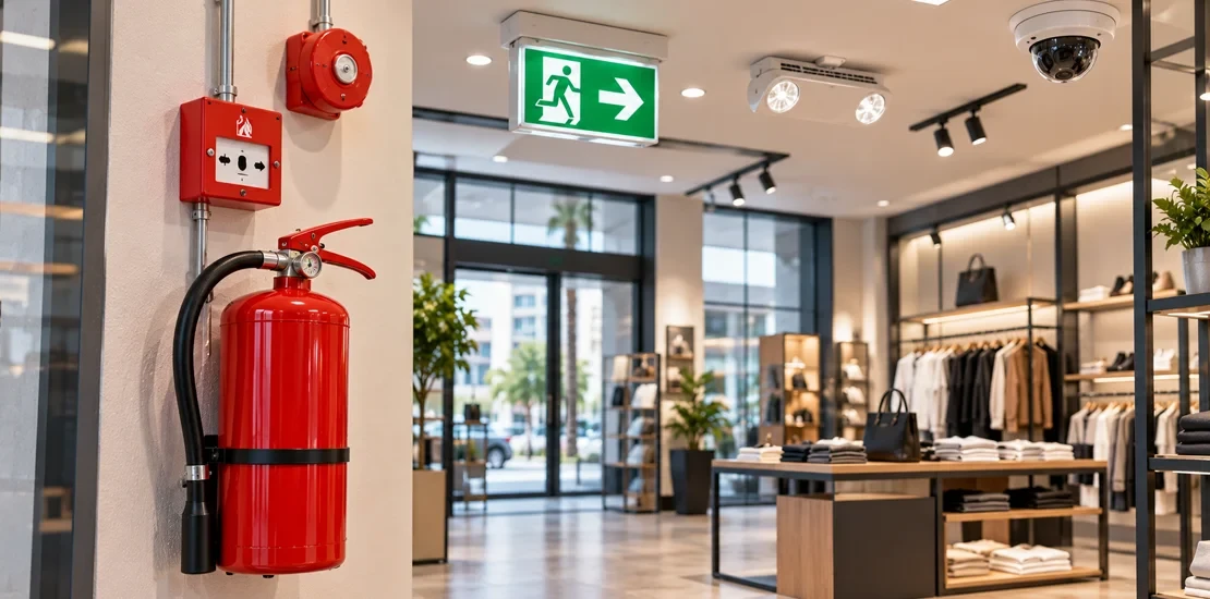 Fire extinguisher, exit sign, and emergency lighting installed in a shop to meet civil defense safety license requirements