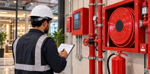 Civil Defense inspector reviewing fire safety equipment before issuing a civil defense safety license in Saudi Arabia
