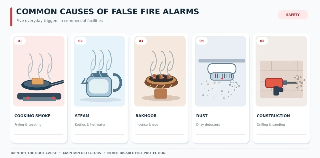 Infographic of common causes of fire alarm false alarms: cooking smoke, steam, bakhoor, dust, and construction work