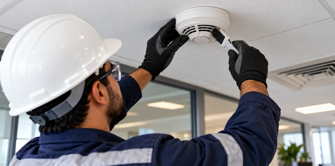 Technician cleaning and testing a smoke detector to prevent fire alarm false alarms