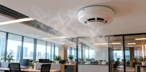 Ceiling smoke detector in an office, a common source of fire alarm false alarms when dirty or poorly placed