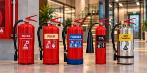 Different fire extinguisher types including water, foam, powder, CO2, and wet chemical in a commercial facility