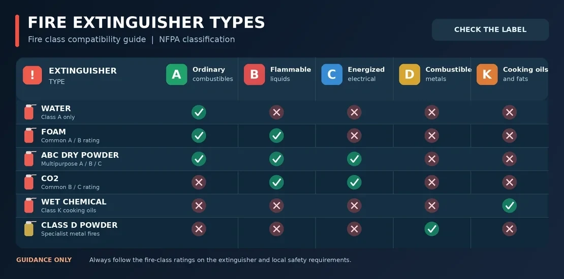 Chart matching fire extinguisher types to fire classes A, B, C, D, and K