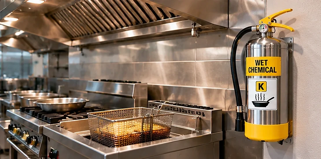 Wet chemical extinguisher, one of the fire extinguisher types required near fryers in a commercial kitchen