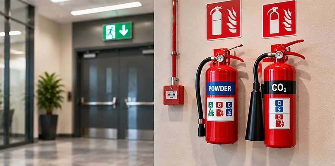 Wall-mounted extinguishers with signage showing correct placement of fire extinguisher types near an exit