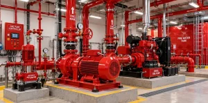 Electric and diesel fire pumps with a jockey pump installed in a pump room of a commercial building in Saudi Arabia