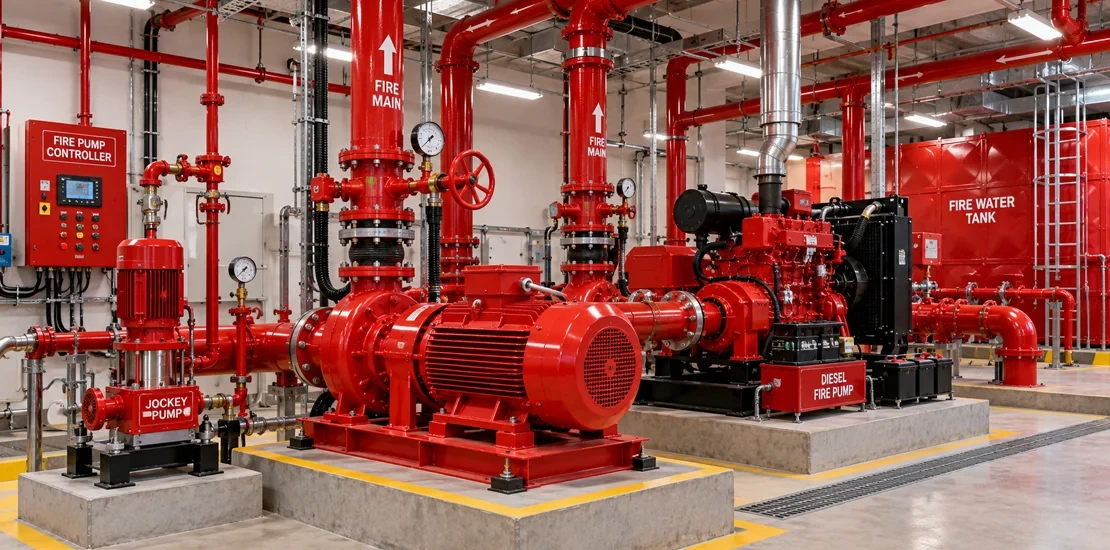 Electric and diesel fire pumps with a jockey pump installed in a pump room of a commercial building in Saudi Arabia