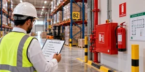 Safety consultant conducting a fire risk assessment in a commercial warehouse in Saudi Arabia