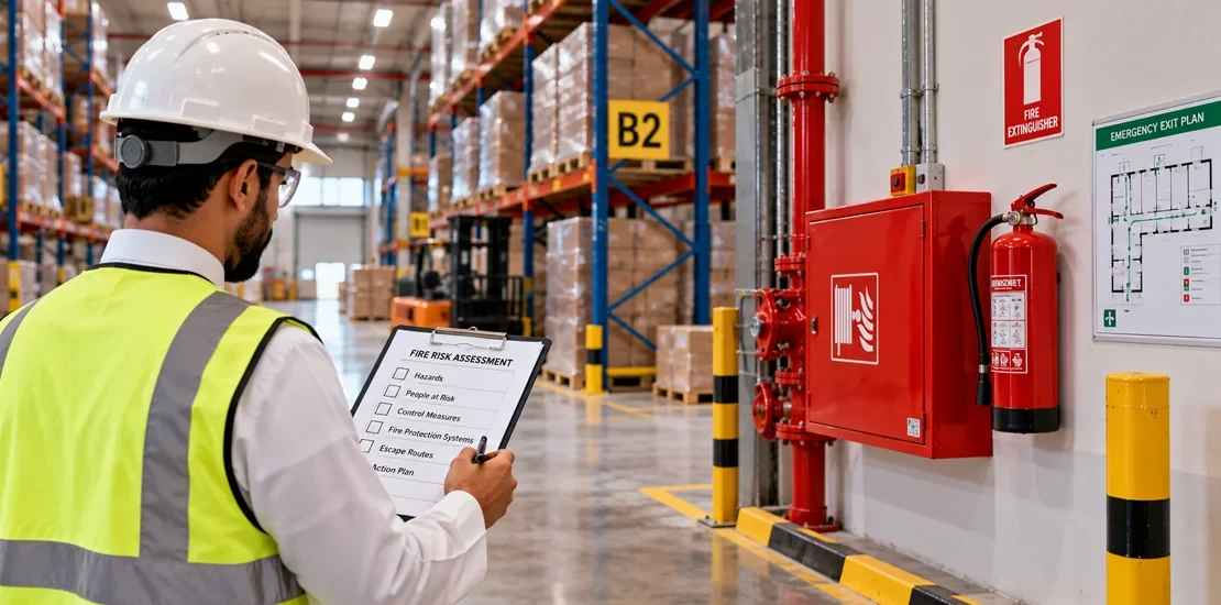 Safety consultant conducting a fire risk assessment in a commercial warehouse in Saudi Arabia