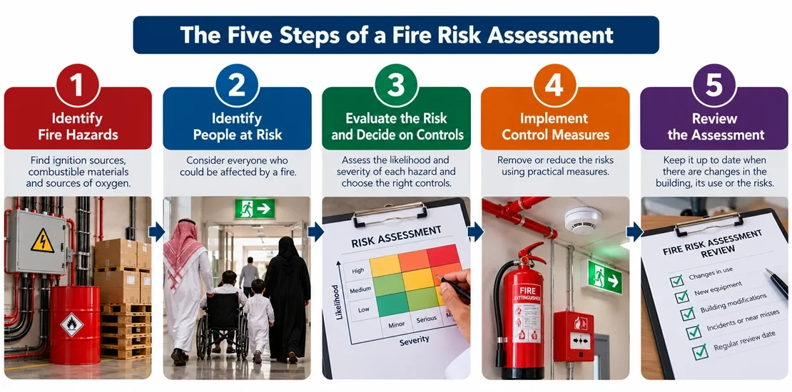 Diagram showing the five steps of a fire risk assessment from identifying hazards to reviewing the assessment
