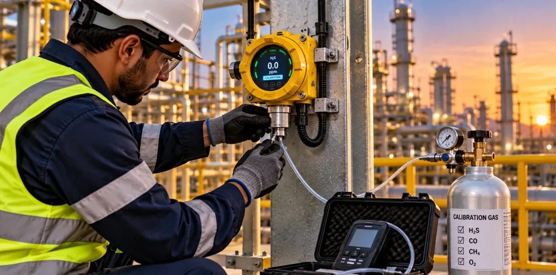 Technician performing a bump test and calibration on gas detection systems using calibration gas
