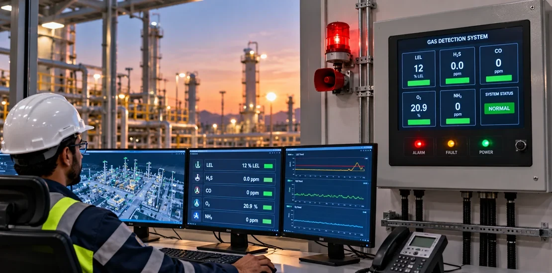 Gas detection systems controller panel showing gas levels and alarm status in a control room