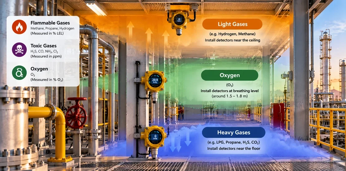 Diagram showing gas detection systems with detectors near the ceiling for light gases and near the floor for heavy gases