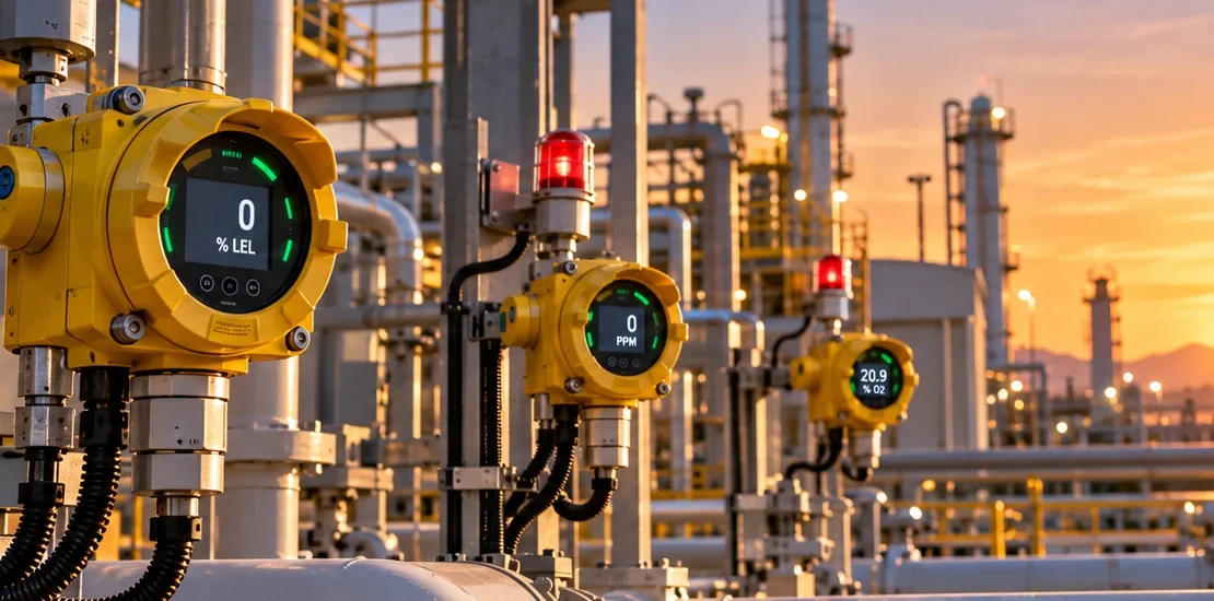Fixed gas detection systems installed near pipelines and valves in an industrial facility in Saudi Arabia